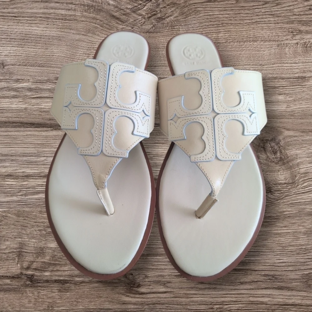 Tory Burch Jamie Dulce De Leche Full T Logo Thong Full Leather Sandals